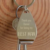 A personalised engraved bottle opener keyring, the message reads "thank you Daniel for being my best man"