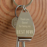 A personalised engraved bottle opener keyring, the message reads "thank you Daniel for being my best man" 